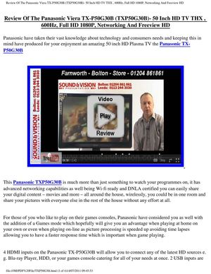 Panasonic Viera TX-P50G30B (TXP50G30B) Review - 50 Inch 1080P 600Hz THX Plasma Screen Wifi Freeview HD