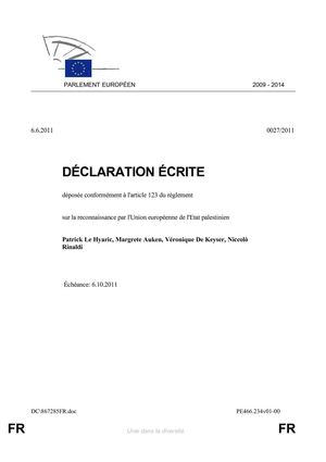 Déclaration écrite au Parlement européen pour la reconnaissance de l'Etat palestinien 