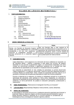 Silabo de Lógico Matemática I Educación Primaria