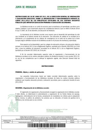 Instrucciones sobre la organización y funcionamineto de las bibliotecas escolares durante el curso 2011-2012