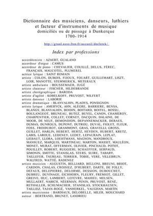 index des professions extrait du dictionnaires des musiciens à Dunkerque 1700-1914