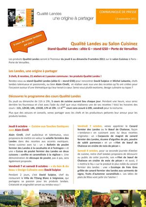 Qualité Landes : communiqué de presse Salon Cuisinez à Paris - octobre 2011