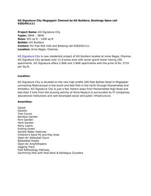 KG Signature City Mogappair Chennai by KG Builders, Bookings Open call 9282401111