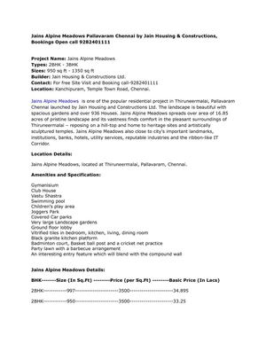 Jains Alpine Meadows Pallavaram Chennai by Jain Housing & Constructions, Bookings Open call 9282401111