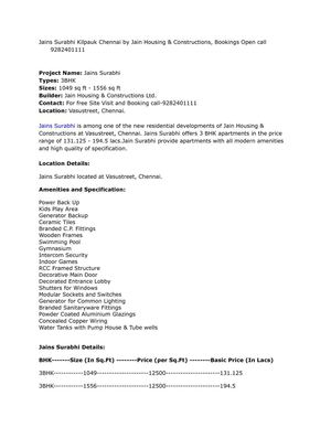 Jains Surabhi Kilpauk Chennai by Jain Housing & Constructions, Bookings Open call 9282401111