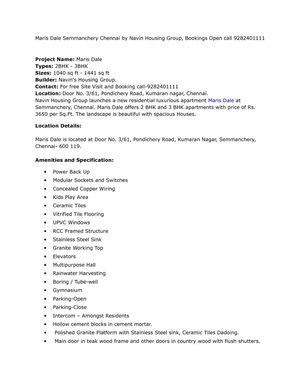 Maris Dale Semmanchery Chennai by Navin Housing Group, Bookings Open call 9282401111