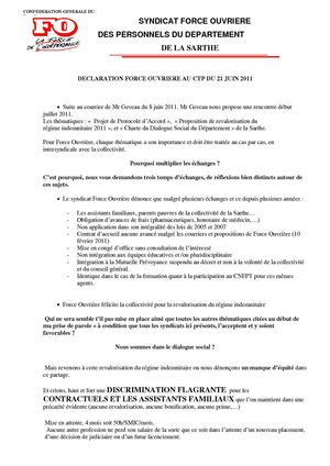 Déclaration FO CTP du 21 juin 2011