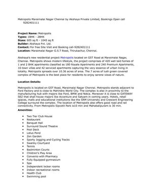 Metropolis Maraimalai Nagar Chennai by Akshaya Private Limited, Bookings Open call 9282401111