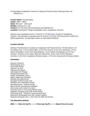 The Belvedere Urapakkam Chennai by Akshaya Private Limited, Bookings Open call 9282401111