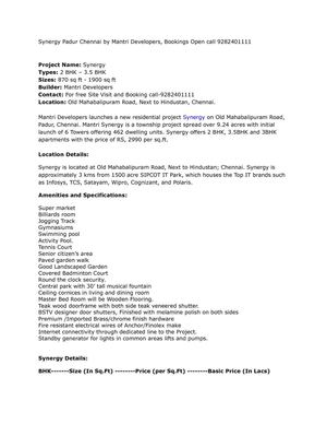 Synergy Padur Chennai by Mantri Developers, Bookings Open call 9282401111