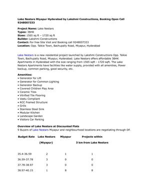 Lake Nestars Miyapur Hyderabad by Lakshmi Constructions, Booking Open Call 9248007333