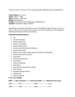 Pace Anusa West Tambaram Chennai by Pace Builders, Bookings Open call 9282401111