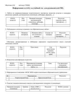 Форма отчёта о методической деятельности в ОУ