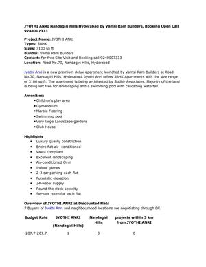 JYOTHI ANRI Nandagiri Hills Hyderabad by Vamsi Ram Builders, Booking Open Call 9248007333