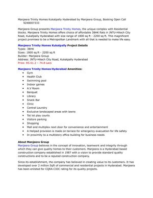 Manjeera Trinity Homes Kukatpally Hyderabad by Manjeera Group, Booking Open Call 9248007333