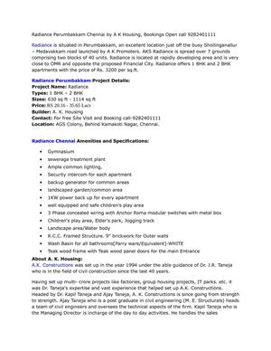 Radiance Perumbakkam Chennai by A K Housing, Bookings Open call 9282401111