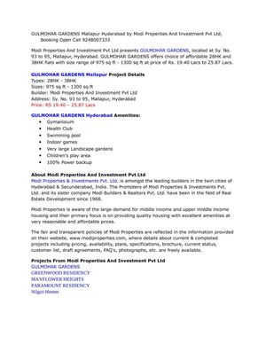 GULMOHAR GARDENS Mallapur Hyderabad by Modi Properties And Investment Pvt Ltd, Booking Open Call 9248007333