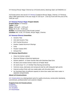 A P Amanya Periyar Nagar Chennai by A.P.Constructions, Bookings Open call 9282401111