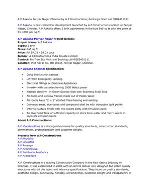 A P Aakana Periyar Nagar Chennai by A.P.Constructions, Bookings Open call 9282401111