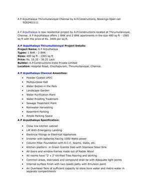 A P Arputhalaya Thirumullaivoyal Chennai by A.P.Constructions, Bookings Open call 9282401111