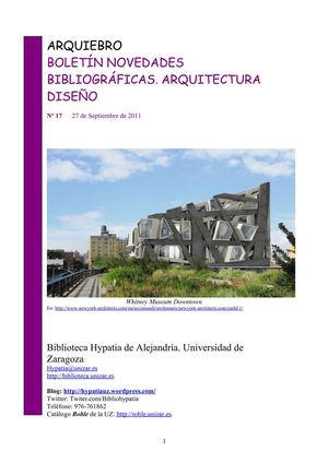 Boletín de novedades de Arquitectura y Diseño de la Biblioteca Hypatia de Alejandría UZ, nº 17