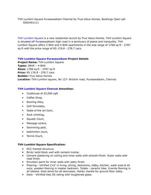 TVH Lumbini Square Purasawalkam Chennai by True Value Homes, Bookings Open call 9282401111