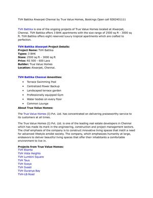 TVH Battika Alwarpet Chennai by True Value Homes, Bookings Open call 9282401111