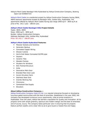 Aditya's Mont Castle Nandagiri Hills Hyderabad by Aditya Construction Company, Booking Open Call 9248007333