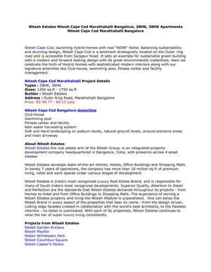 Nitesh Estates Nitesh Cape Cod Marathahalli Bangalore, 2BHK, 3BHK Apartments Nitesh Cape Cod Marathahalli Bangalore