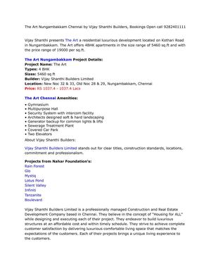 The Art Nungambakkam Chennai by Vijay Shanthi Builders, Bookings Open call 9282401111