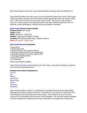 Rain Forest Kilpauk Chennai by Vijay Shanthi Builders, Bookings Open call 9282401111