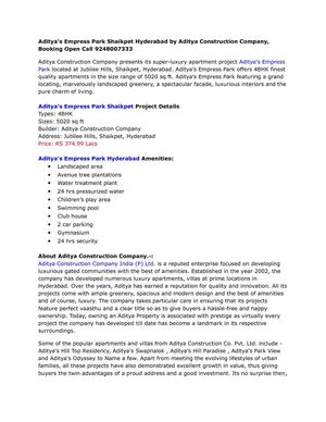 Aditya's Empress Park Shaikpet Hyderabad by Aditya Construction Company, Booking Open Call 9248007333