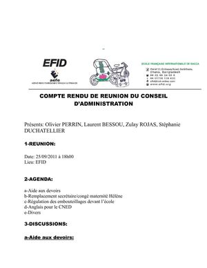 COMPTE RENDU DE REUNION DU CONSEIL D'ADMINISTRATION DU 25-09-2011