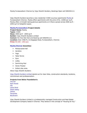 Mystiq Purasawalkam Chennai by Vijay Shanthi Builders, Bookings Open call 9282401111