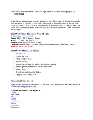 Silent Valley West Tambaram Chennai by Vijay Shanthi Builders, Bookings Open call 9282401111