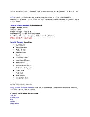 Infiniti is a new residential project by Vijay Shanthi Builders located at Sri  