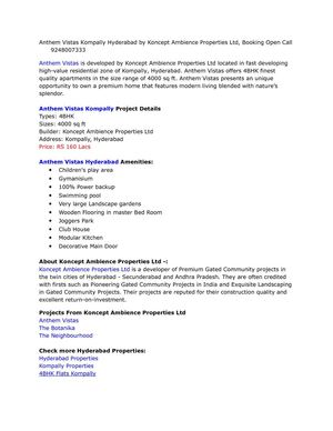 Anthem Vistas Kompally Hyderabad by Koncept Ambience Properties Ltd, Booking Open Call 9248007333