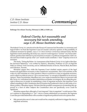 Federal Clarity Act reasonable and necessary but needs amending, says C.D. Howe Institute Study" (8 February 2000  @ 10:00 a.m.)