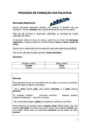 FORMAÇÃO DAS PALAVRAS - DERIVAÇÃO REGRESSIVA