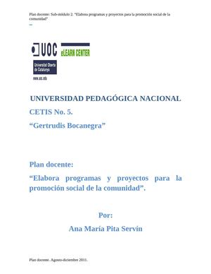 Plan docente: Elabora programas y proyectos para la promoción social
