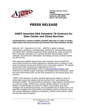 AiNET Awarded GSA Schedule 70 Contract for Data Center and Cloud Services