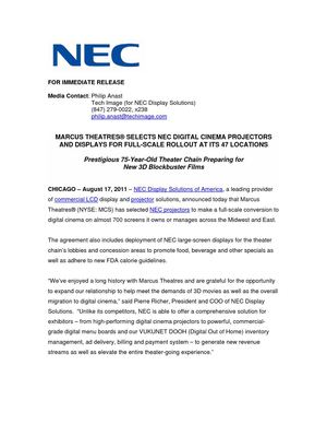 MARCUS THEATRES® SELECTS NEC DIGITAL CINEMA PROJECTORS AND DISPLAYS FOR FULL-SCALE ROLLOUT AT ITS 47 LOCATIONS 