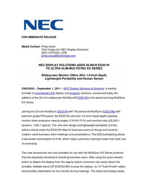 NEC DISPLAY SOLUTIONS ADDS 20-INCH EX201W TO ULTRA-SLIM MULTISYNC EX SERIES