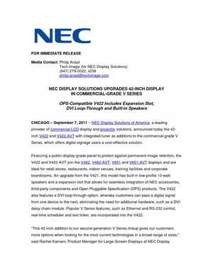 NEC DISPLAY SOLUTIONS UPGRADES 42-INCH DISPLAY IN COMMERCIAL-GRADE V SERIES