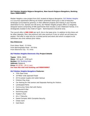 DLF Maiden Heights Rajpura Bangalore, New launch Rajpura Bangalore, Booking Open 9886558867