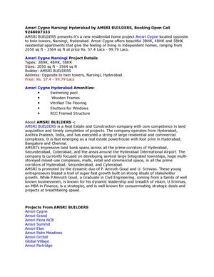 Amsri Cygne Narsingi Hyderabad by AMSRI BUILDERS, Booking Open Call 9248007333