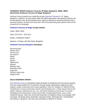 VAISHNAVI GROUP Vaishnavi Terraces JP Nagar Bangalore, 3BHK, 4BHK Apartments Vaishnavi Terraces JP Nagar Bangalore