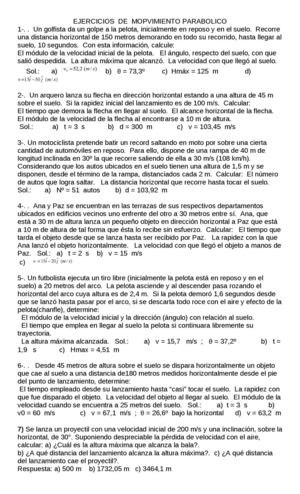 EJERCICIOS  DE  MOVIMIENTO PARABOLICO  ACTIVIDAD  DE  CLASE 