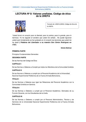 Valores unefistas. Código de ética de la UNEFA