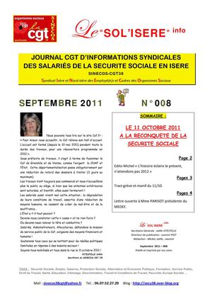 Journal CGT "le SOL'ISERE info" n°8 Septembre 2011 pour les salariés de la SECU en Isère